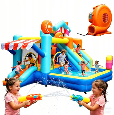 DOCTOR DOLPHIN Opblaasbaar Waterkasteel - Waterglijbaan + Zwembad + Trampoline - 395x340x236 cm - Voor 3-12 jaar, 3-6 kinderen - Incl. 450W Blower, 2 Waterpistolen & Opbergtas