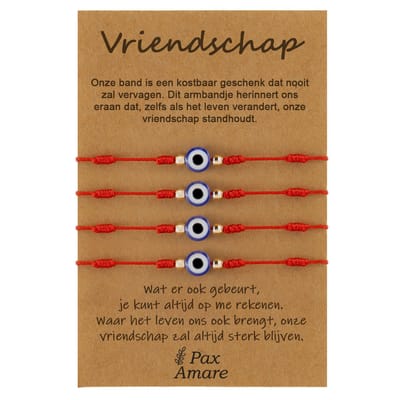 Vriendschapsarmbandjes voor 4 "Vriendschap" - Evil Eye - BFF Armbandjes met Cadeau Kaartje - Rood Oogje - Elastisch Verstelbaar - Pax Amare