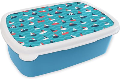 Broodtrommel Blauw - Lunchbox - Brooddoos - Boten - Zee - Patroon - 18x12x6 cm - Kinderen - Jongen