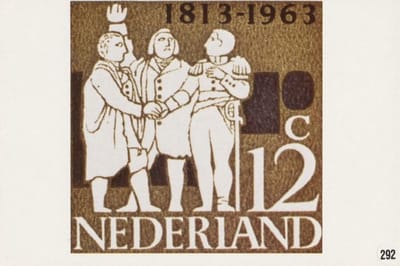 Briefkaart met afbeelding Onafhankelijkheidszegels : Driemansschap Van Hogendorp, Van Limburg Stirumen Van Duyn van Maasdam postzegel