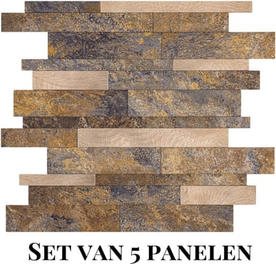Wallways Wandpanelen - Plaktegels - Set van 5 Tegels - Tegelsticker - Zelfklevende Tegels - 4MM dik - Aluminium toplaag - Waterdicht - Krasbestendig - Hittebestendig - 3M Kleeflaag - Mozaiek Strips Koper