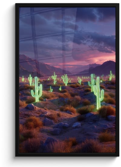 Poster in lijst - Fotolijst 60x90 cm - Posters - Neon cactussen - Woestijn - Zonsondergang - Posterlijst zwart - Decoratie - Wanddecoratie woonkamer - Muurdecoratie slaapkamer