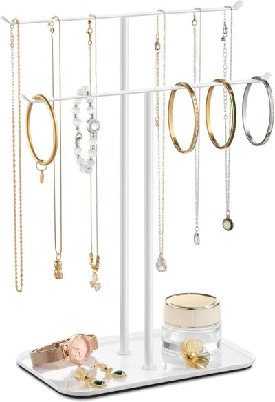 Sieradenstandaard met metalen frame en fluwelen lade voor kettingen, armbanden, oorbellen en ringen, ideaal cadeau voor de feestdagen en sieradenopslag