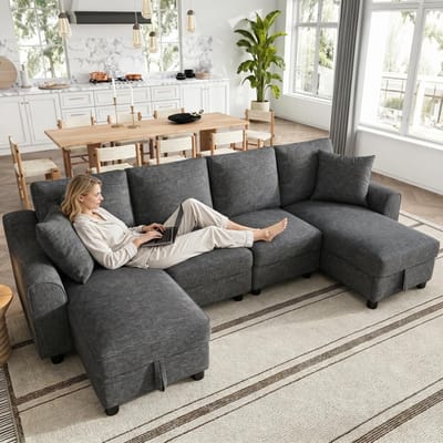 MIVRAY U-Bank 280x137 Cm - Met Opbergruimte En 2 Kussens - Voor Woonkamer - Chenille - Grijs