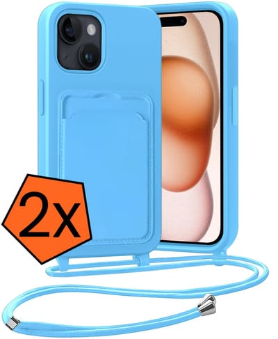 Hoesje Geschikt voor iPhone 15 Plus Hoesje Met Telefoonketting Pasjeshouder Case Koord - Hoesje Geschikt voor iPhone 15 Plus Hoes Met Kaarthouder - Lichtblauw - 2 PACK
