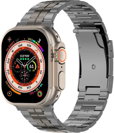 Stravo Premium Titanium Horlogeband met Dubbele Middenlink – Geschikt voor Apple Watch 42mm (Series 11/10) / 41mm (Series 9/8/7) / 40mm (Series 6/5/4, SE 3/2/1) / 38mm (Series 3/2/1) – Luxe metalen schakel Bandje - Grijs