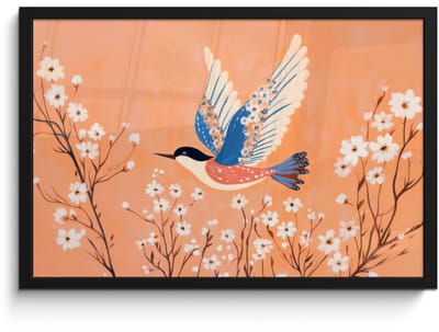 Poster in lijst - Fotolijst 60x40 cm - Posters - Vogel - Bloesemtakken - Warm - Kleurrijk - Posterlijst zwart - Decoratie - Wanddecoratie woonkamer - Muurdecoratie slaapkamer