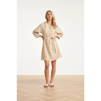 Smashed Lemon Beige jurk met abstracte print en tailleceintuur |