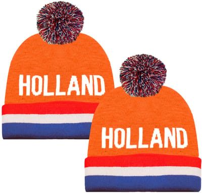 Funny Fashion Verkleed muts - 2x - Supporters Nederland/holland - voor volwassenen - in vlag kleuren - polyester - met pompom