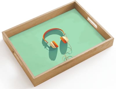 Dienblad hout 40x30 cm - Schootdienblad - Koptelefoon - Oranje - Snoer - Minimalistisch - Borrelplank rechthoek - Plateau dienbladen