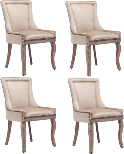 Luxe eetkamerstoel (Keukenstoel woonkamerstoel, 4 stuks), gestoffeerde stoel met nagelkopversiering, massief houten poten, bekleding van fluweel, beige
