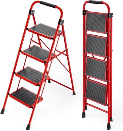 Verte Huishoudtrap 4 Treden - Opvouwbare Stalen Trapladder – 4 Treden – Met Antisliptreden – Voor Gebruik Binnen en Buiten – Draagvermogen 150 kg – Rood