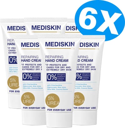 Mediskin Handcrème Droge Handen met 5% Ureum – 6 Stuks – Ultra Hydraterende Hand Cream voor Ruwe en Gebarsten Handen – Handcrème Mannen en Vrouwen – Geschikt bij Diabetes – 6 x 75 ml
