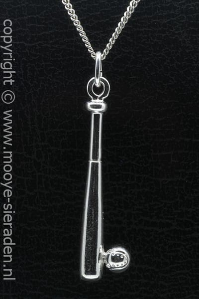 Zilveren Honkbalknuppel met bal XL ketting hanger
