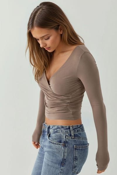 Slim Fit Zacht Aanvoelend V-Hals Lange Mouwen Top