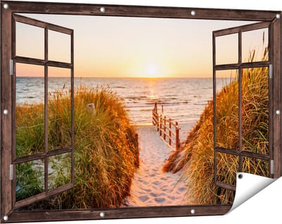 Gards Tuinposter Doorkijk Voetpad in de Duinen met Zonsondergang - 120x80 cm - Tuindoek - Tuindecoratie - Wanddecoratie buiten - Tuinschilderij