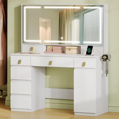 Kaptafel met Spiegel - Make-up tafel - Schoonheid verzorgen - Verstelbare LED-verlichting - 108 x 140 cm - Wit