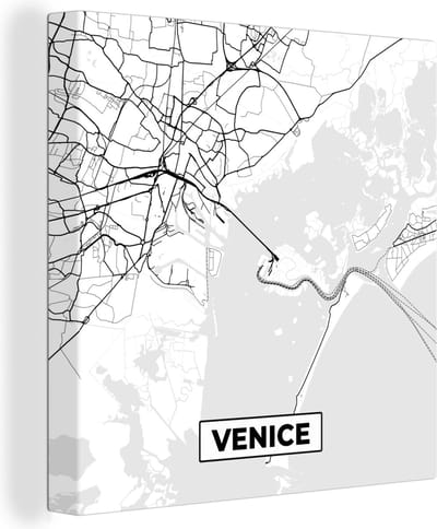 Canvas Schilderij Venetië - Stadskaart - Plattegrond - Zwart Wit - Kaart - 20x20 cm - Wanddecoratie