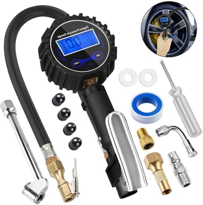 Bandenpomp met meter - Luchtdrukmeter set - Bandenspanning controleren - Nauwkeurig digitaal display - 3-200 PSI - Zwart