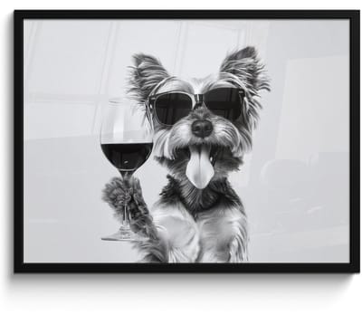 Poster in lijst - Fotolijst 70x50 cm - Posters - Hondje - Wijnglas - Zonnebril - Enthousiast - Posterlijst zwart - Decoratie - Wanddecoratie woonkamer - Muurdecoratie slaapkamer