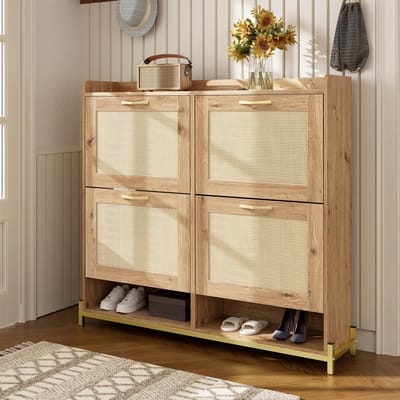 Schoenenkast - 108,5x24x100 cm houtlook - 4 rattan deuren & metalen sokkel - bovenkast