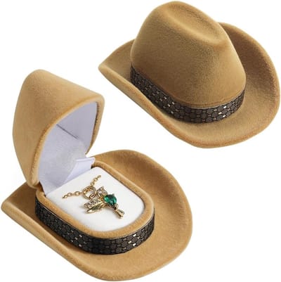 4 Stuks Fluwelen Cowboyhoed Ring Doos - Cowboy Hoed Sieraden Organizer voor Ringen en Kettingen, Bruin, Zacht en Leuk voor Sieraden Opslag