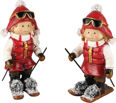 Dekoratief | Winterkindje op ski's, rood/wit, resina, 5x6x14cm, set van 2 stuks | A235285