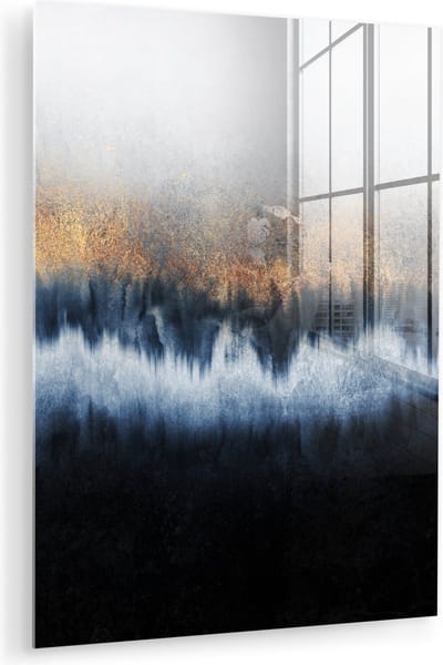 MuchoWow® Glasschilderij 120x160 cm - Schilderij acrylglas - Abstract - Goud - Luxe - Blauw - Foto op glas - Muurdecoratie woonkamer - Wanddecoratie slaapkamer - Schilderijen