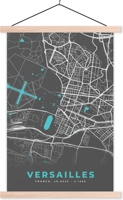 Posterhanger incl. Poster 40x60 cm - Schoolplaat - Kaart – Stadskaart – Versailles - Plattegrond – Frankrijk - Textielposter - Blanke latten - Stadskaart