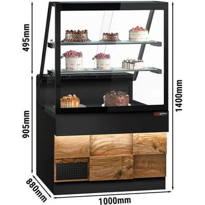 GGM Gastro Kühltheke TORONTO - 1000mm - Doppelverglasung - Holzfront - 2 Ablagen - schwarze Granit-Arbeitsplatte Zwart / Bruin