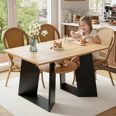 BLACKCOLORS Huisdiervriendelijke eetkamer-/keukentafel met ruimte voor huisdieren en opbergplank, rechthoekig voor 6 personen (130×85×75 cm), mix van natuurlijk hout en zwart