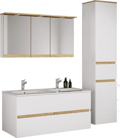 VCM 4-tlg. Doppelwaschtisch Cosila mit Doppel Keramikbecken – Badschrank H. 51 x B. 111 x T. 51 cm mit 2 Softclose-Schubladen, Spiegelschrank mit Beleuchtung & Steckdose und Hochschrank Cosila-I