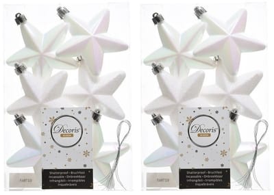 Decoris kersthanger sterren - 12x st - wit parelmoer - 7 cm - kunststof - kerstornamenten - kerstversiering