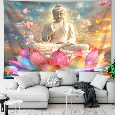 1 stuks Boeddhabeeld en lotus wandkleed, mysterieus Boeddhabeeld meditatie meditatie yoga spiritueel religieus wandkleed (as the picture,73x95cm)