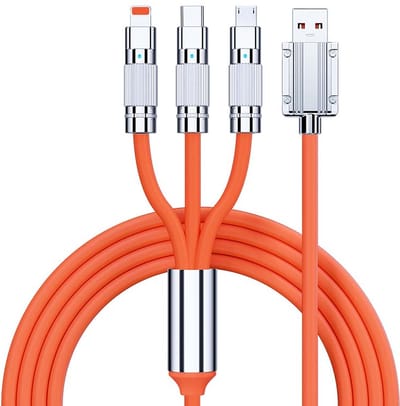 DrPhone LSC - 3 in 1 – USB naar Type-C/Lightning/Micro-USB – 120W 6A - Liquid Vloeibare Siliconen Ultrazacht Power kabel - Snel opladen - Oranje – 1M
