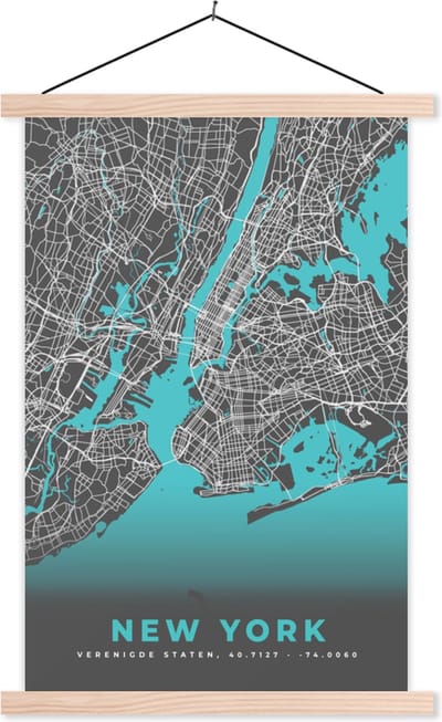 Posterhanger incl. Poster 40x60 cm - Schoolplaat - New York - Stadskaart - Blauw - Plattegrond - Kaart - Textielposter - Blanke latten - Stadskaart