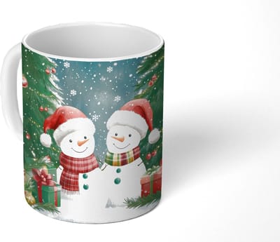 Mok - Koffiemok - Sneeuwpop - Kerstsneeuw - Groen - Rood - Mokken - 350 ML - Beker - Koffiemokken - Theemok