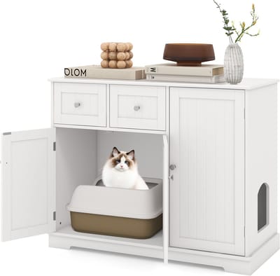 COSTWAY Kattenkast voor kattentoilet, kattenbak kast met 2 laden, 3 deuren en ingang, kattenhuis kattencommode bijzettafel, kattenmeubel voor binnen, modern, 100 x 45 x 80 cm, wit