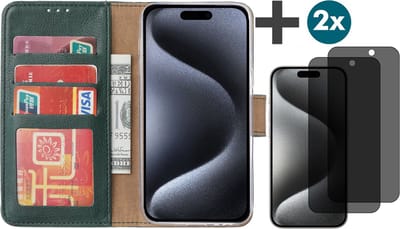Hoesje met Privacy Screenprotectors 2 Stuks Geschikt voor iPhone 15 Pro Max – Arara bookcase met pasjeshouder - Groen