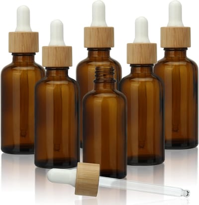 Set van 6 Lege Bruine Ronde 50ml Glazen Flesjes met Druppelaar en Bamboekap voor Serum en Essentiële Olie