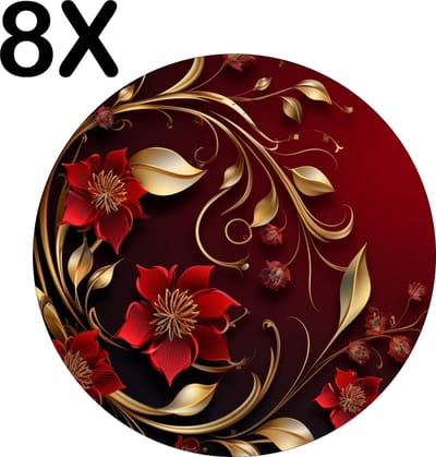 Luxe Ronde Placemat - Rood - Goud - Bloem - Blad - Achtergrond - Set van 8 Placemats - 50x50 cm - 2 mm dik Vinyl - Anti Slip - Afneembaar