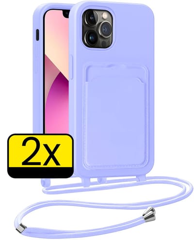 Hoesje Geschikt voor iPhone 13 Pro Telefoonhoesje Met Koord Case Pashouder Siliconen - Hoes Geschikt voor iPhone 13 Pro Hoesje Met Kaarthouder - Lila - 2 Stuks