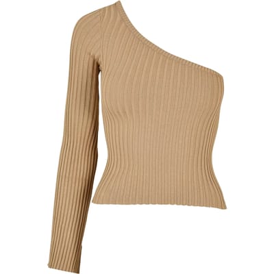 Urban Classics - Ladies Short Rib Knit One Sleeve Longsleeve top - XS - Beige