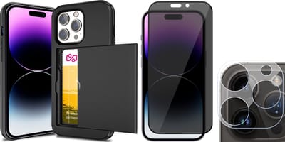 Hoesje met Pasjeshouder geschikt voor iPhone 14 Pro - Privacy Screenprotector FullGuard & Camera Lens Screen Protector - Back Cover SlideCase Zwart