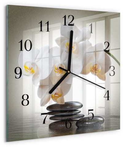 Tulup Wandklok - Orchidee Glazen Wandklok Design - 30x30 cm - Wit Klok Glas Met Opdruk - Zwarte Handen - Vierkante Wandklok - Glazen Wandklok Design - Klok Glas Met Opdruk