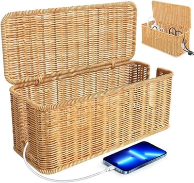 Famanu - Rotan kabelmanagementbox, handgemaakte kabelbox met deksel, kabelmanagementbox met zijdelingse opening, kabelwarboel verbergen, bureau, stekkerbox voor kantoor, thuis (houtkleurig)