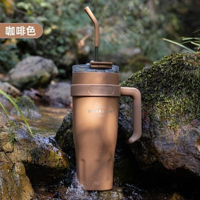 Grote Capaciteit Auto Geïsoleerde Beker Handvat Rietje Beker Roestvrij Staal Kantoor Buiten Reizen Koffiekop 1000ML gray