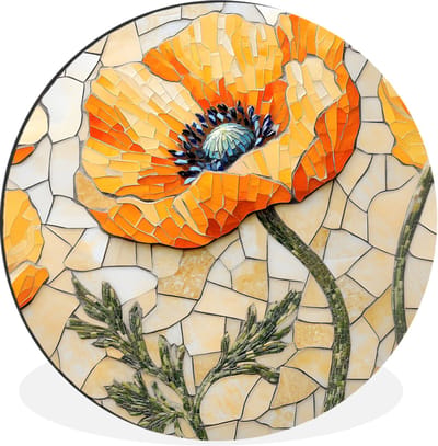 WallCircle - Wandcirkel - Muurcirkel - Klaprozen - Oranje - Mozaïek - Bladeren - Aluminium - Dibond - 30x30 cm - Binnen en Buiten