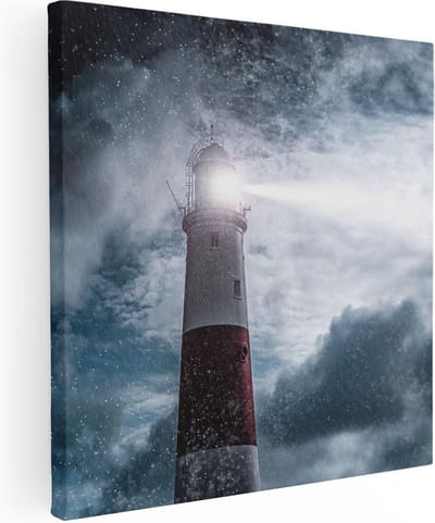 Artaza Canvas Schilderij Vuurtoren - 30x30 cm - Klein - Wanddecoratie Zee - Muurdecoratie Storm - Kamer Accessoires Nacht