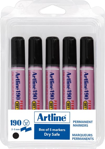 Artline 190 Drysafe Permanent Marker - Set 5 Stuks - Schuine Punt 2,0-5,0mm - Watervast & Wrijfvast - Zwart